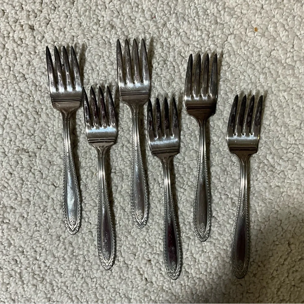 Six Fashion Plate Dessert Forks Vintage